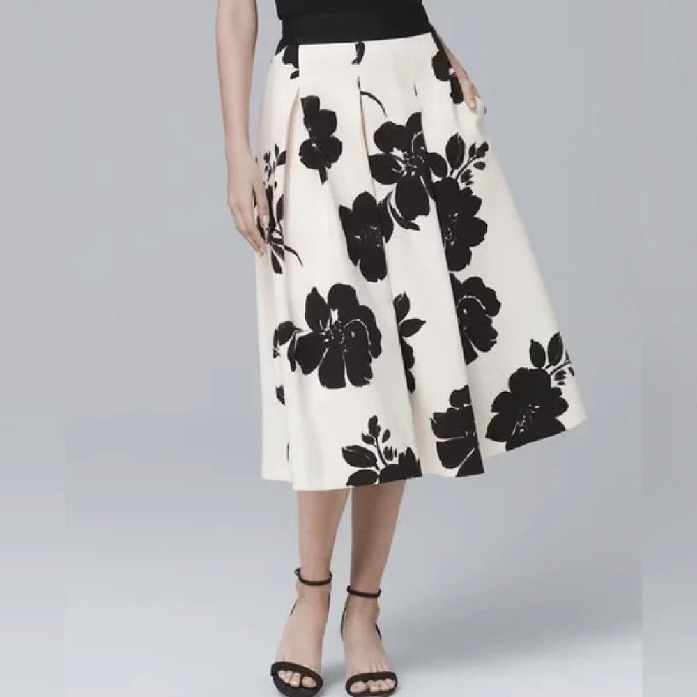 White House Black Market - Black and Cream Floral Midi Skirt - 4 - NWT